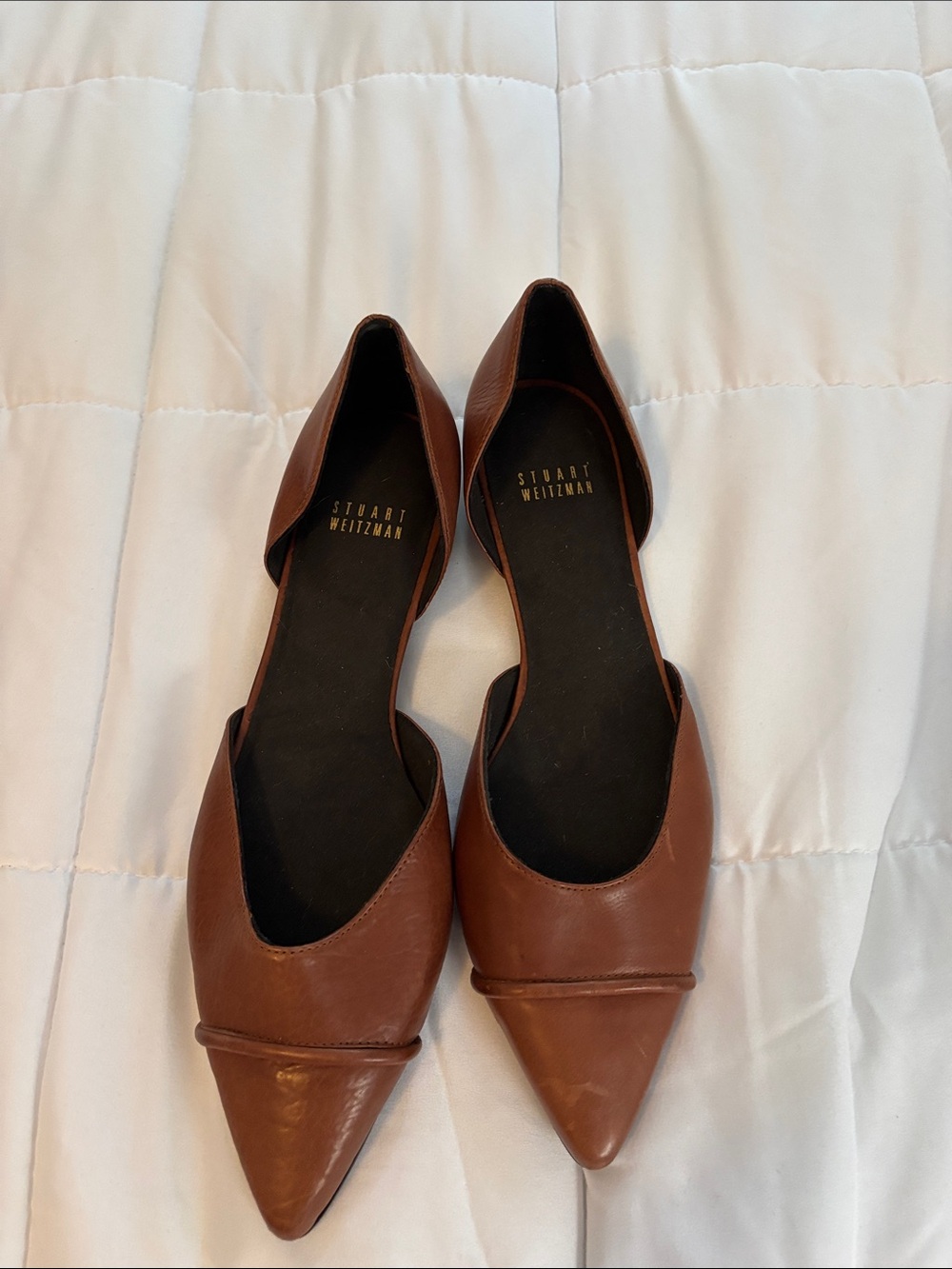 Stuart Weitzman Cognac Pointed D'Orsay Leather Flats